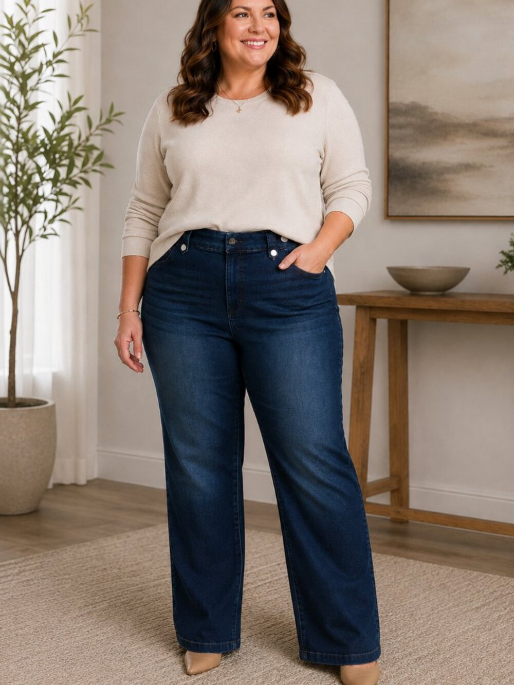 Talbots Women 16W Wide Leg Jeans Dark Wash Full Length Stretch Denim Button Tab